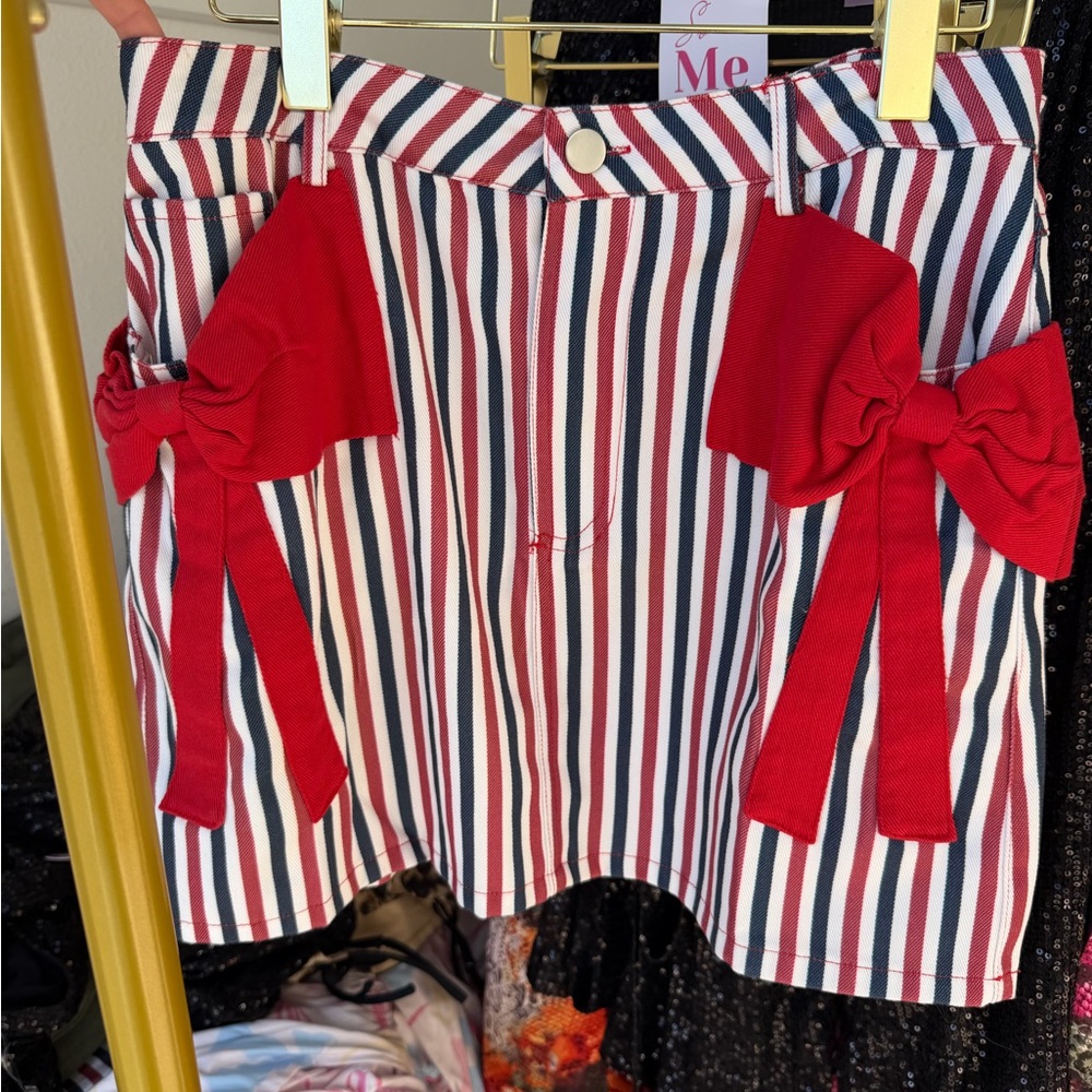 ME Makeover Essentials Striped Mini Skirt with Red Bows